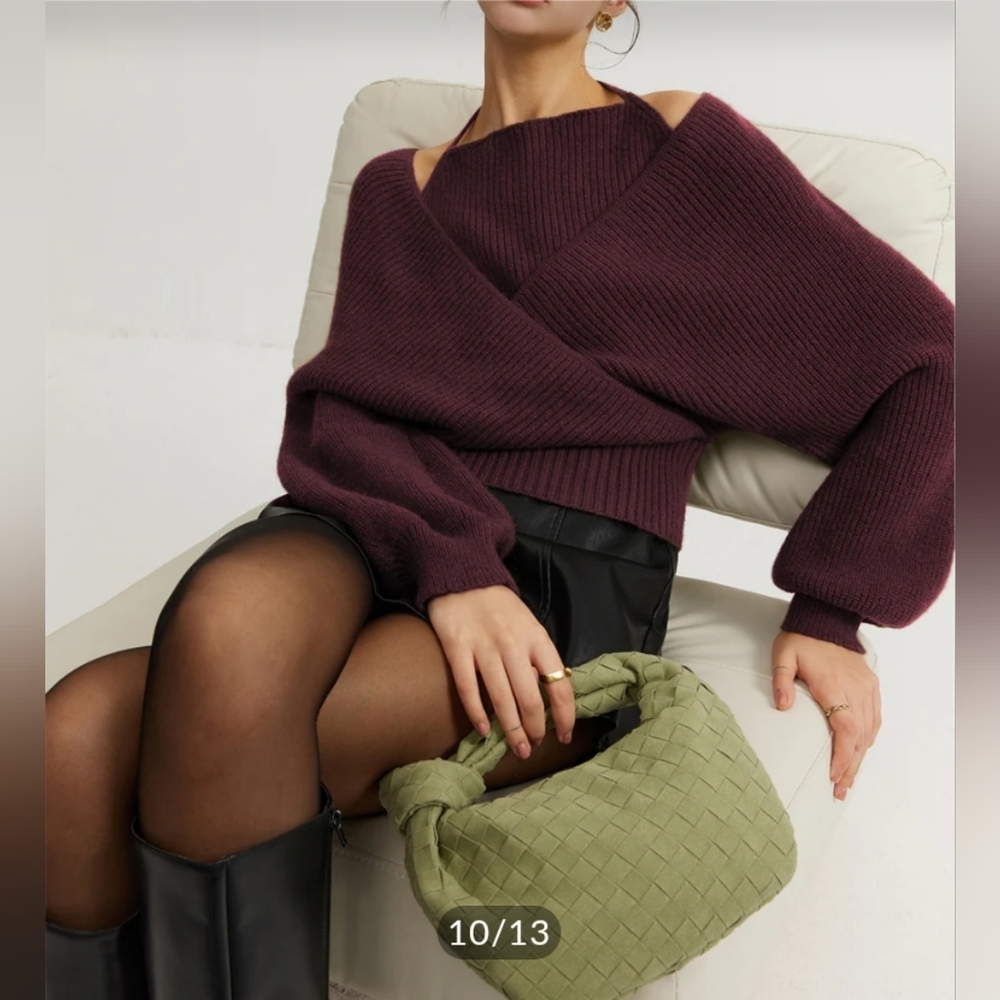 2 in 1 Bat Sleeve Halter Knit Top - Picture 2 of 2